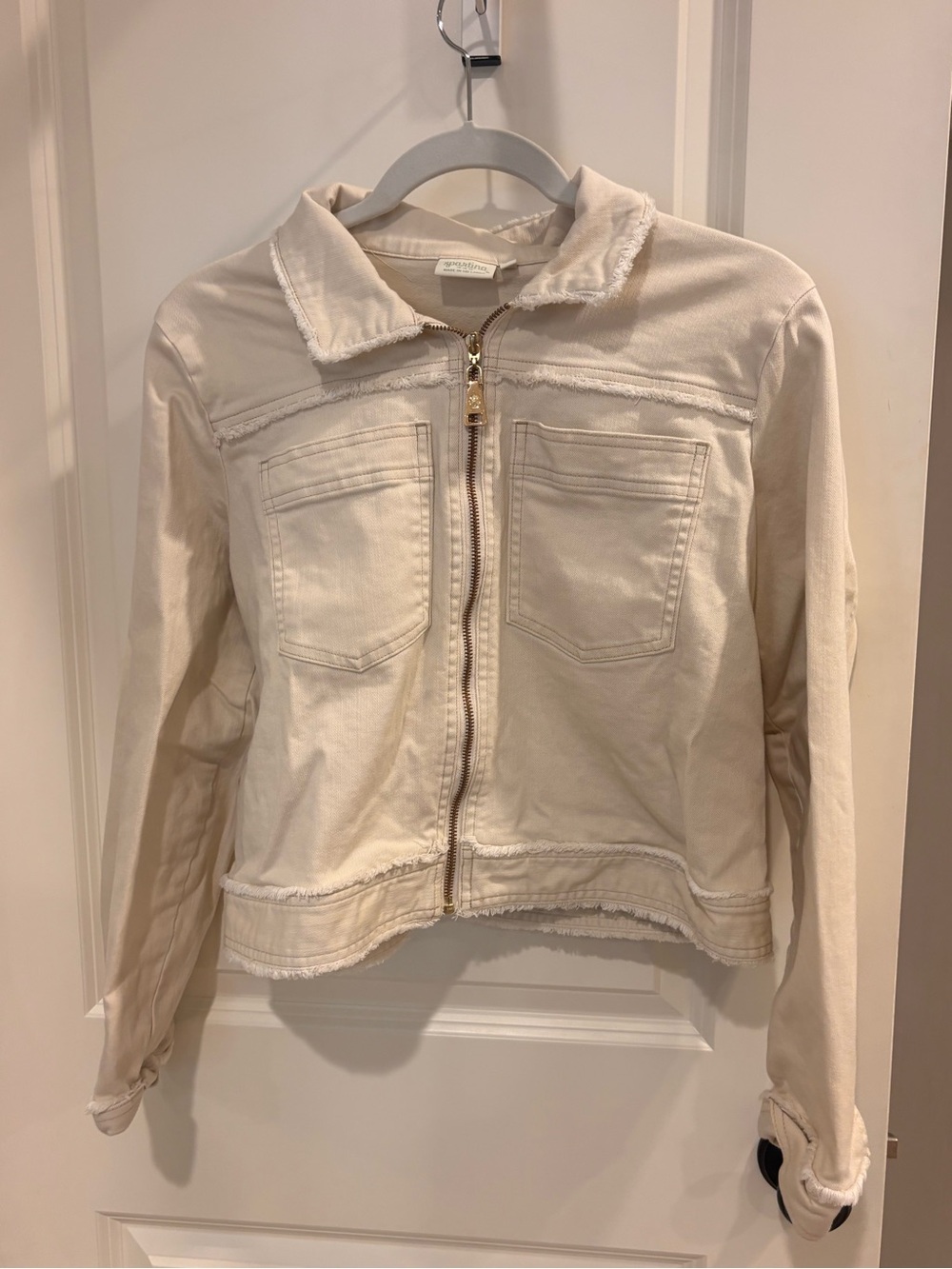 Spartina 449 Cream Zip-Front Frayed-Trim Jacket